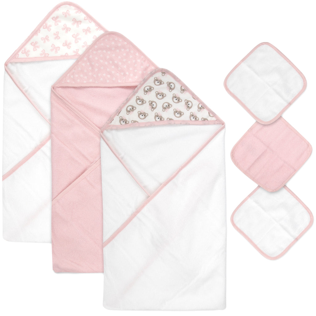 6 Piece Hooded Bath Towel Washcloth Set for Infant, Newborns, Toddlers 3 – 24 Months for Bath Time, Showers, Lounge, Beach, Pool in Pink Bows & Teddy Bears