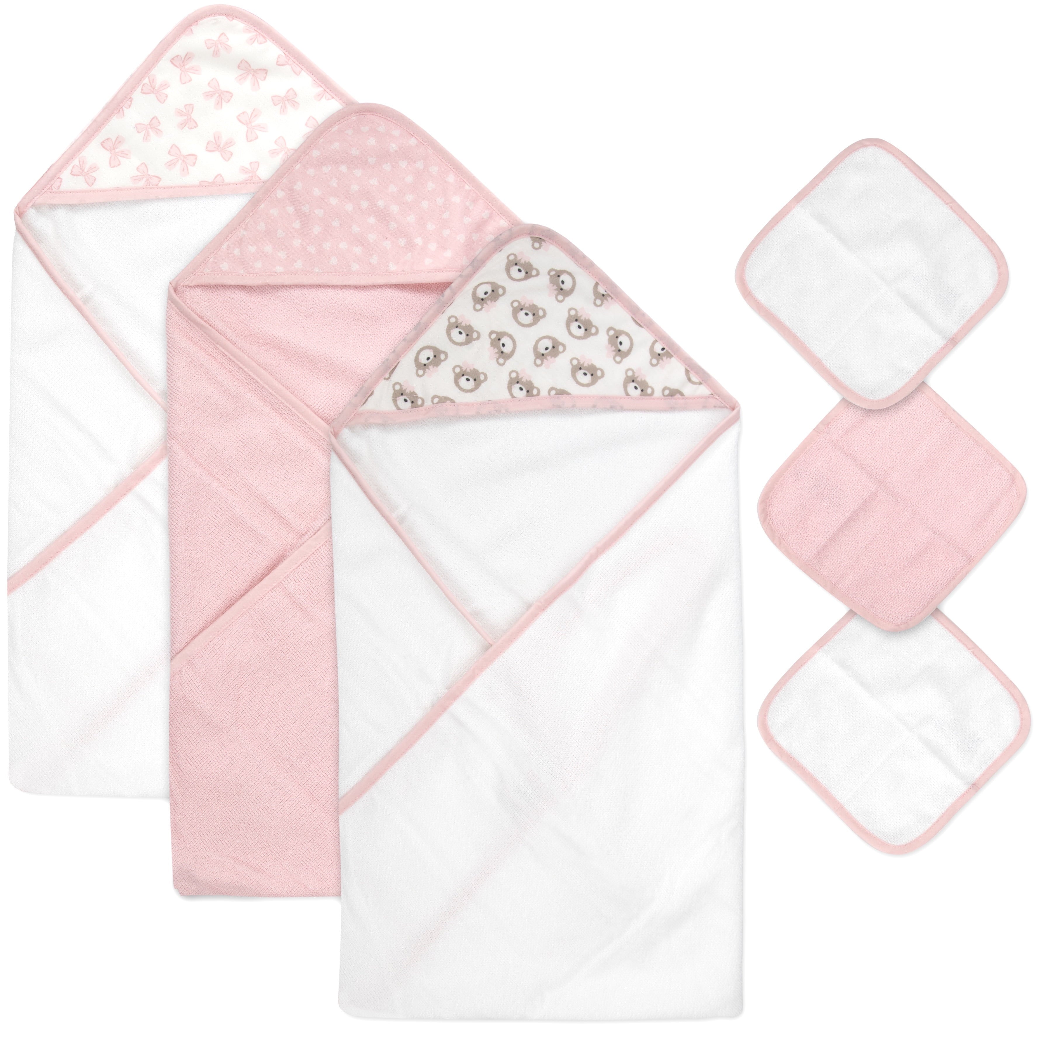 6 Piece Hooded Bath Towel Washcloth Set for Infant, Newborns, Toddlers 3 – 24 Months for Bath Time, Showers, Lounge, Beach, Pool in Pink Bows & Teddy Bears