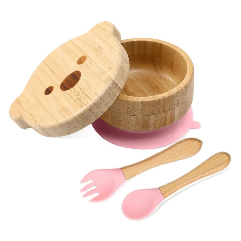 Baby Tableware Set Feeding Bowl Dinner Plate Cup Bibs Spoon Fork Bamboo Wooden Children'S Feeding Dishes Sets BPA Free Non-Slip