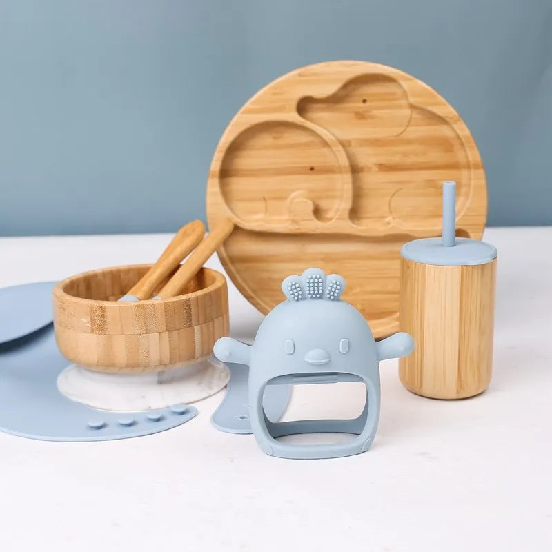 Baby Tableware Set Feeding Bowl Dinner Plate Cup Bibs Spoon Fork Bamboo Wooden Children'S Feeding Dishes Sets BPA Free Non-Slip