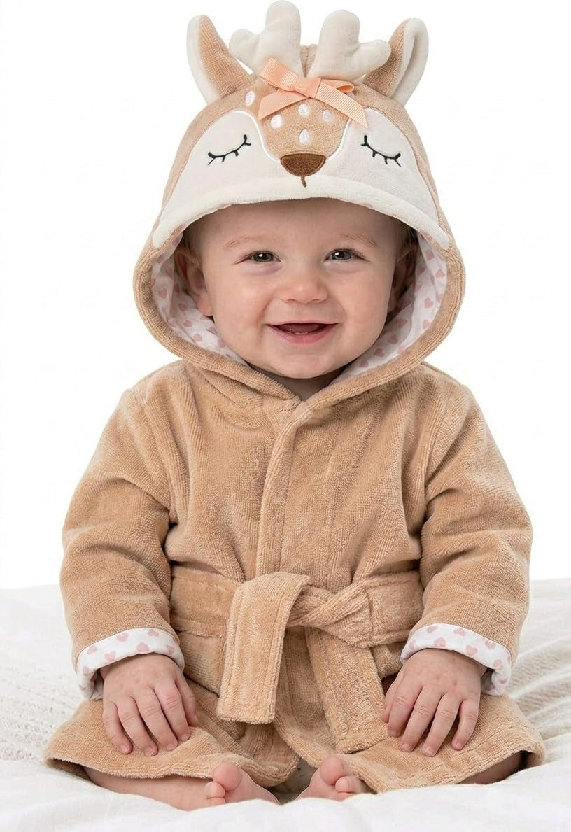 Unisex Baby Plush Animal Face Bathrobe Hooded with Tie Closure for Newborns and Infants 0-9 Months