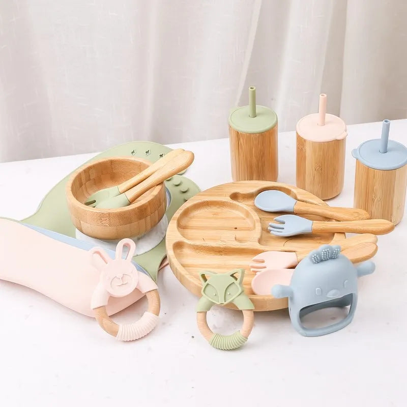 Baby Tableware Set Feeding Bowl Dinner Plate Cup Bibs Spoon Fork Bamboo Wooden Children'S Feeding Dishes Sets BPA Free Non-Slip