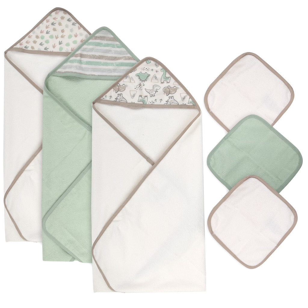 6 Piece Hooded Bath Towel Washcloth Set for Infant, Newborns, Toddlers 3 – 24 Months for Bath Time, Showers, Lounge, Beach, Pool in Dinosaurs & Stripes
