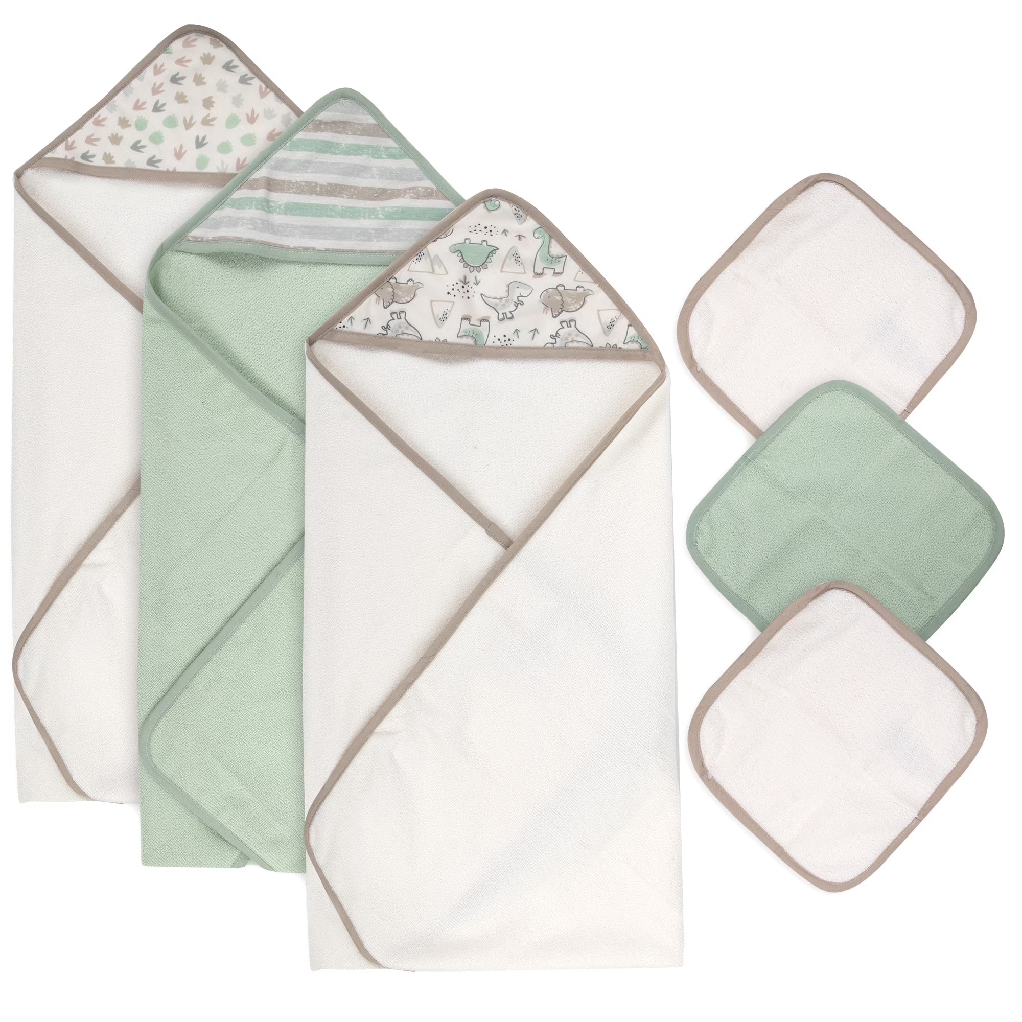 6 Piece Hooded Bath Towel Washcloth Set for Infant, Newborns, Toddlers 3 – 24 Months for Bath Time, Showers, Lounge, Beach, Pool in Dinosaurs & Stripes