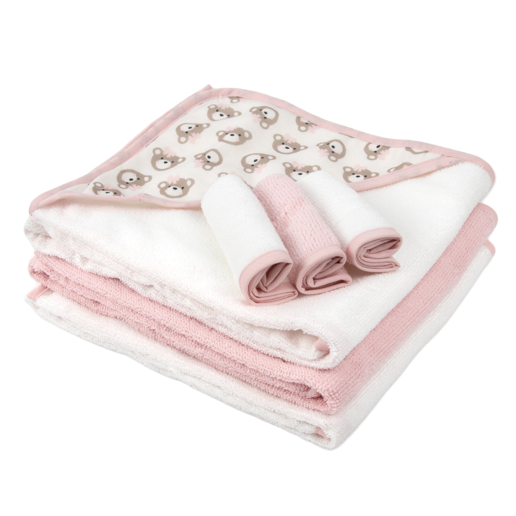 6 Piece Hooded Bath Towel Washcloth Set for Infant, Newborns, Toddlers 3 – 24 Months for Bath Time, Showers, Lounge, Beach, Pool in Pink Bows & Teddy Bears