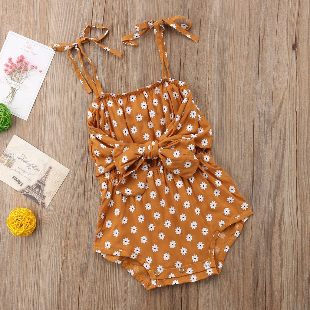 Toddler Baby Girls Sleeveless Romper Jumpsuit off Shoulder Bowknot-Front Floral Print Bodysuit Clothes Outfits