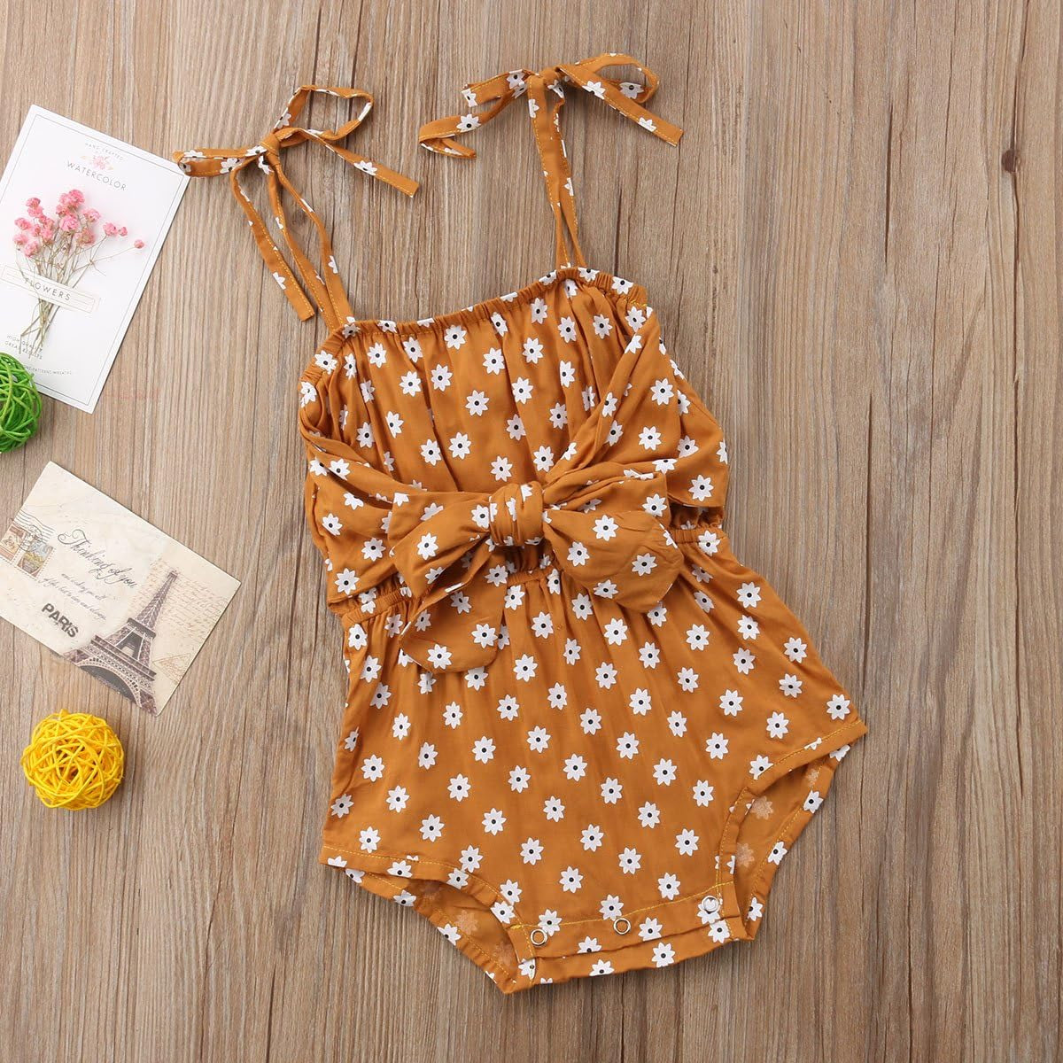 Toddler Baby Girls Sleeveless Romper Jumpsuit off Shoulder Bowknot-Front Floral Print Bodysuit Clothes Outfits