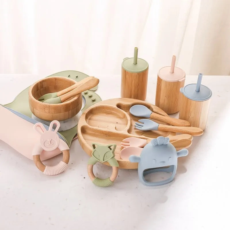 Baby Tableware Set Feeding Bowl Dinner Plate Cup Bibs Spoon Fork Bamboo Wooden Children'S Feeding Dishes Sets BPA Free Non-Slip