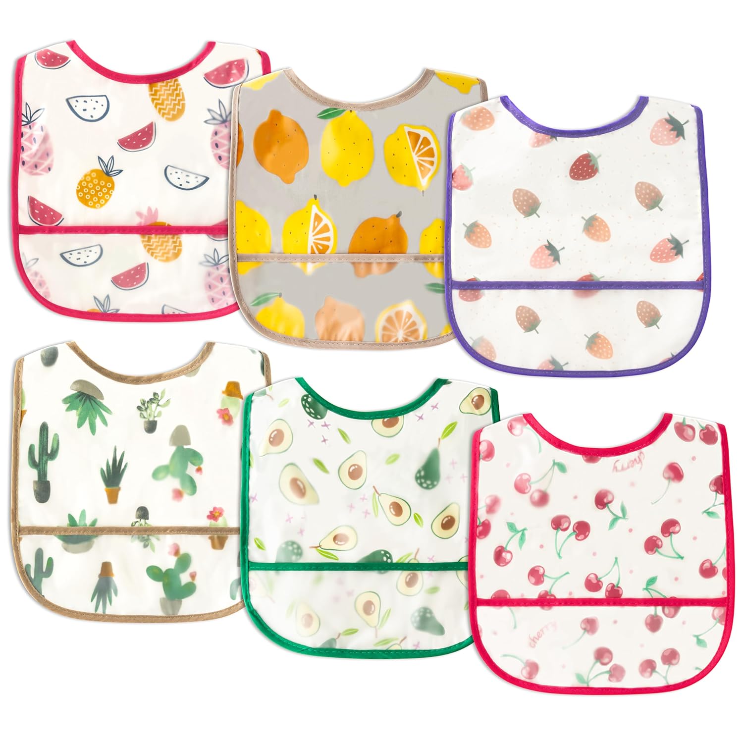 6Pcs Waterproof Toddler Bibs Baby Feeding Bib Set with Crumb Catcher Pocket, Adjustable Infant Baby Teething Bib, Babies Sleeveless Animals Food Bibs Keepsake Gift for Baby Shower, 6-24 Months