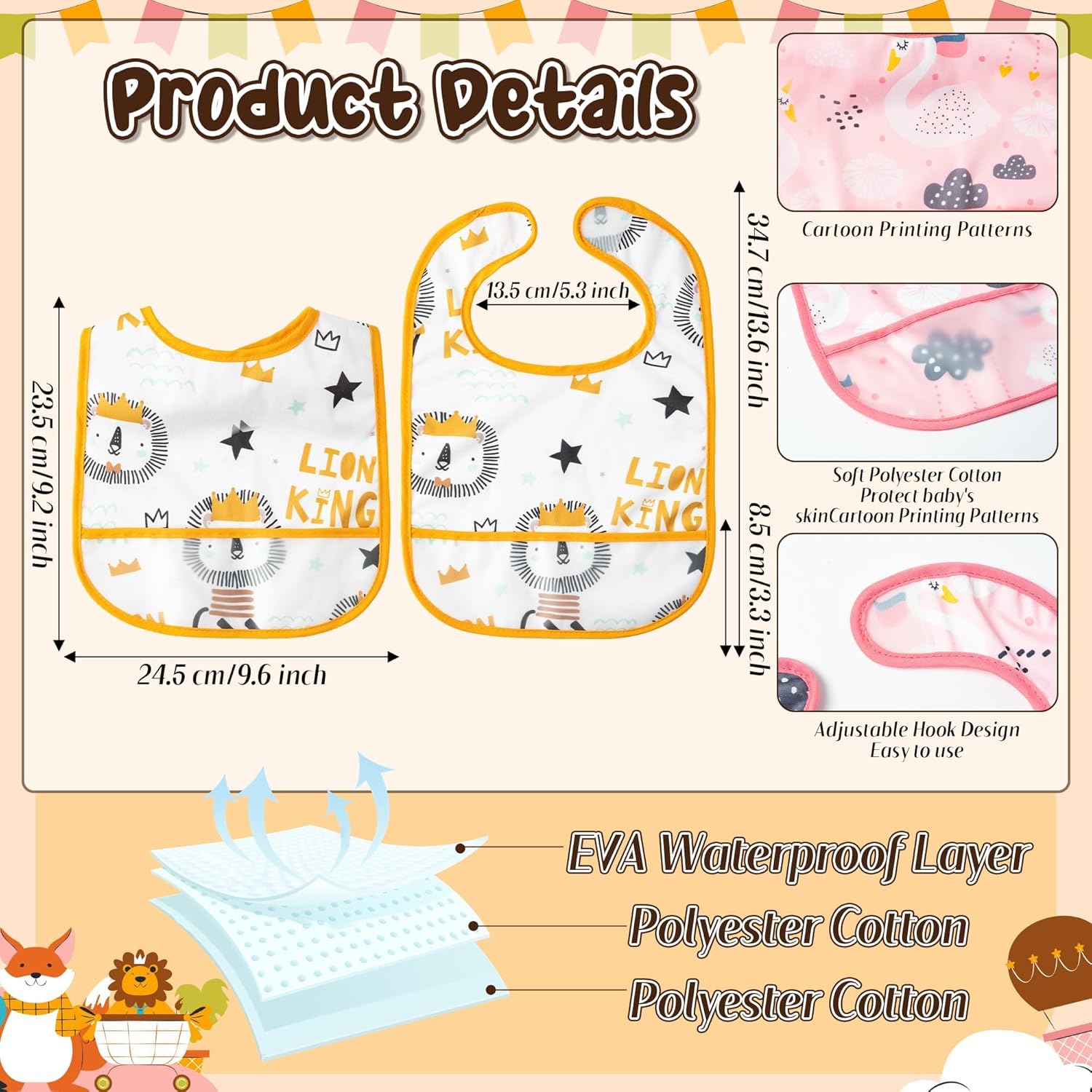 6Pcs Waterproof Toddler Bibs Baby Feeding Bib Set with Crumb Catcher Pocket, Adjustable Infant Baby Teething Bib, Babies Sleeveless Animals Food Bibs Keepsake Gift for Baby Shower, 6-24 Months