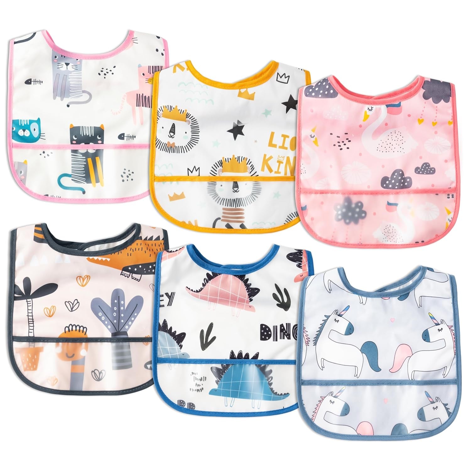 6Pcs Waterproof Toddler Bibs Baby Feeding Bib Set with Crumb Catcher Pocket, Adjustable Infant Baby Teething Bib, Babies Sleeveless Animals Food Bibs Keepsake Gift for Baby Shower, 6-24 Months