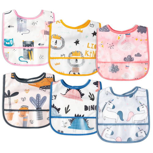 6Pcs Waterproof Toddler Bibs Baby Feeding Bib Set with Crumb Catcher Pocket, Adjustable Infant Baby Teething Bib, Babies Sleeveless Animals Food Bibs Keepsake Gift for Baby Shower, 6-24 Months