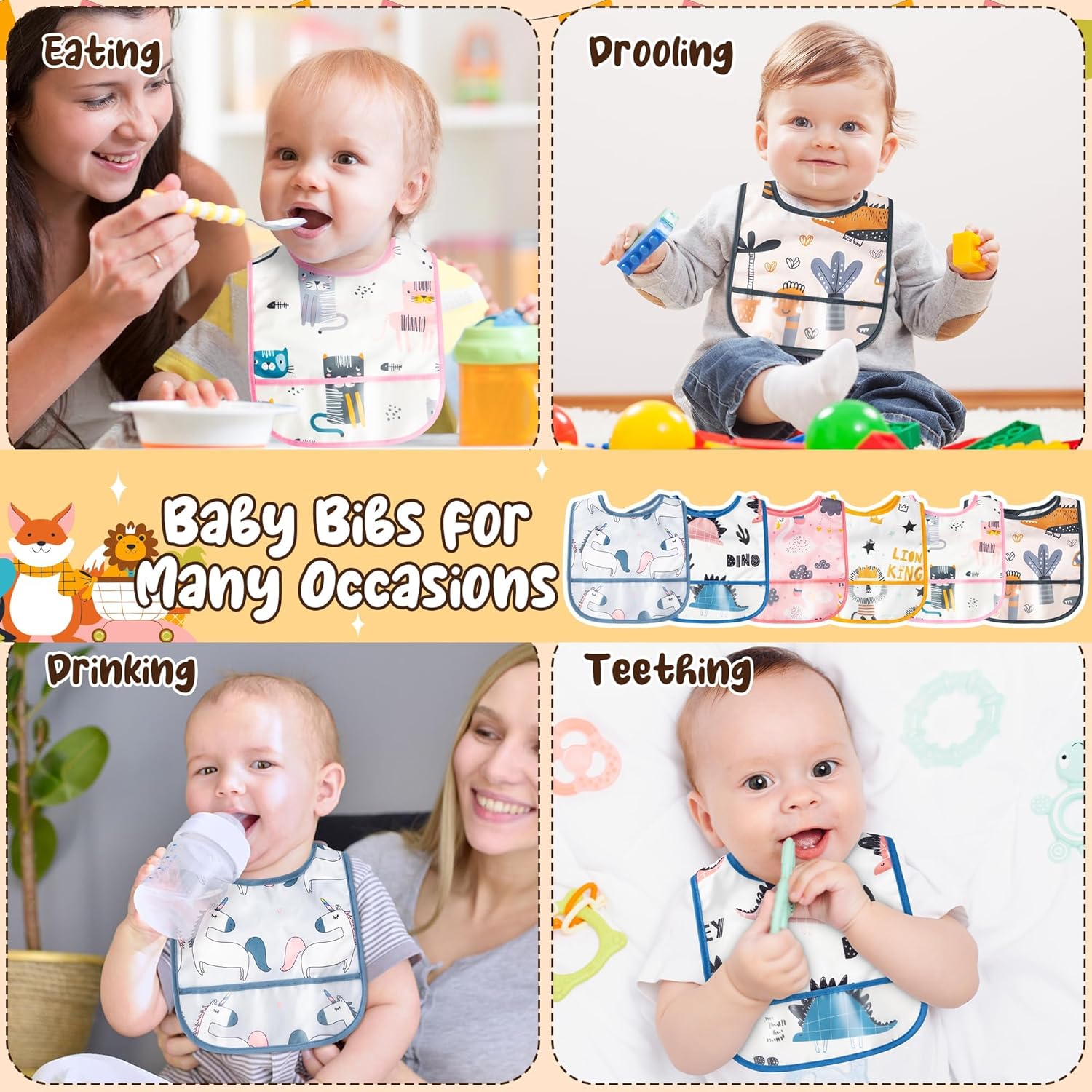 6Pcs Waterproof Toddler Bibs Baby Feeding Bib Set with Crumb Catcher Pocket, Adjustable Infant Baby Teething Bib, Babies Sleeveless Animals Food Bibs Keepsake Gift for Baby Shower, 6-24 Months