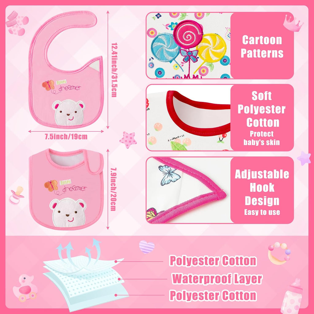Cotton Waterproof Baby Bibs - 24Pcs Adjustable Hook Loop Closure Bib for Feeding Teething Drooling Eating, 6-12 Months