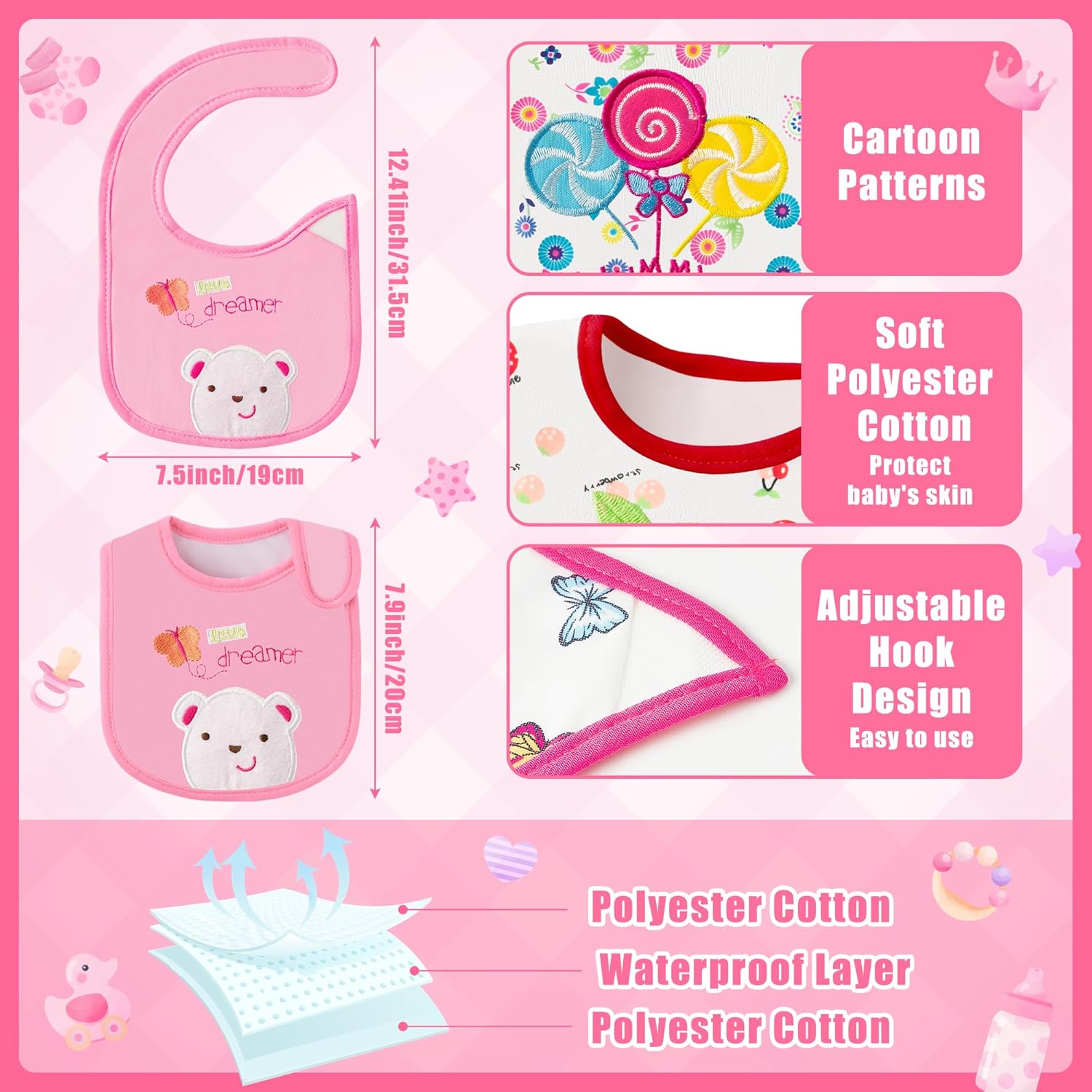 Cotton Waterproof Baby Bibs - 24Pcs Adjustable Hook Loop Closure Bib for Feeding Teething Drooling Eating, 6-12 Months