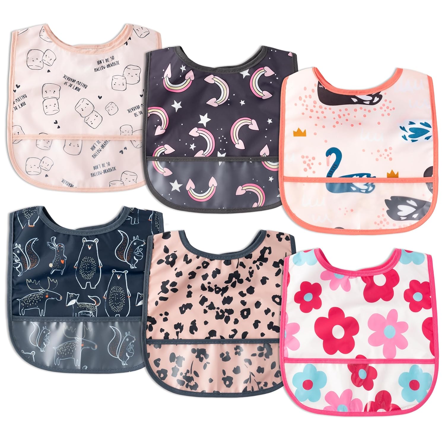6Pcs Waterproof Toddler Bibs Baby Feeding Bib Set with Crumb Catcher Pocket, Adjustable Infant Baby Teething Bib, Babies Sleeveless Animals Food Bibs Keepsake Gift for Baby Shower, 6-24 Months