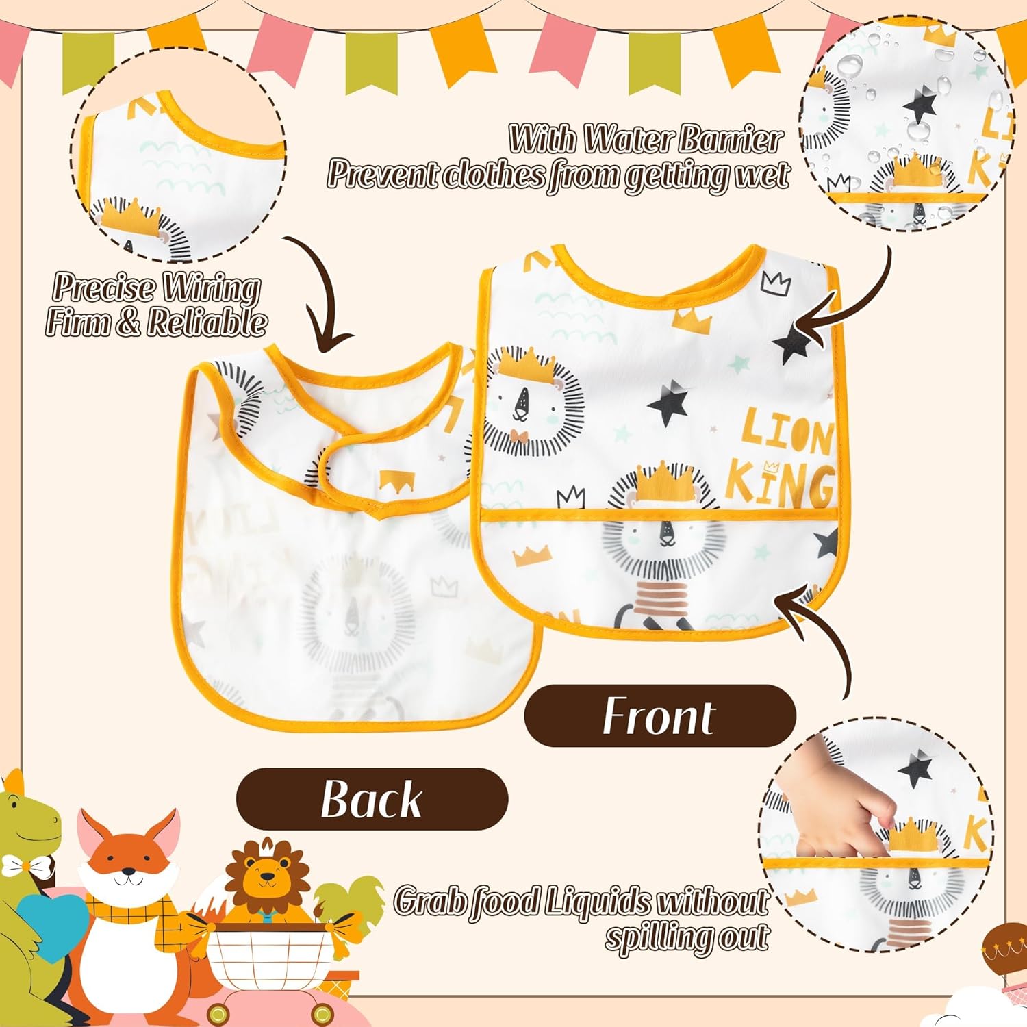 6Pcs Waterproof Toddler Bibs Baby Feeding Bib Set with Crumb Catcher Pocket, Adjustable Infant Baby Teething Bib, Babies Sleeveless Animals Food Bibs Keepsake Gift for Baby Shower, 6-24 Months