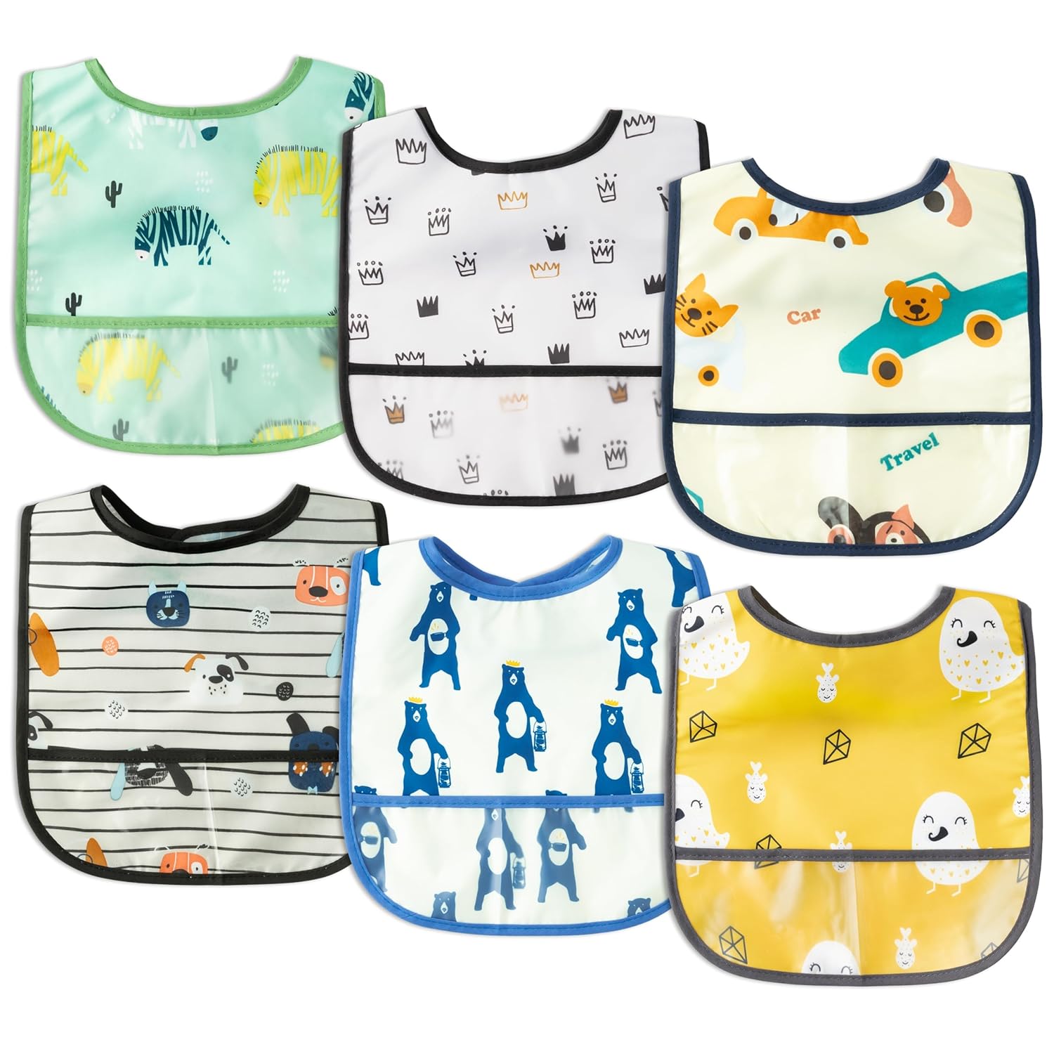 6Pcs Waterproof Toddler Bibs Baby Feeding Bib Set with Crumb Catcher Pocket, Adjustable Infant Baby Teething Bib, Babies Sleeveless Animals Food Bibs Keepsake Gift for Baby Shower, 6-24 Months