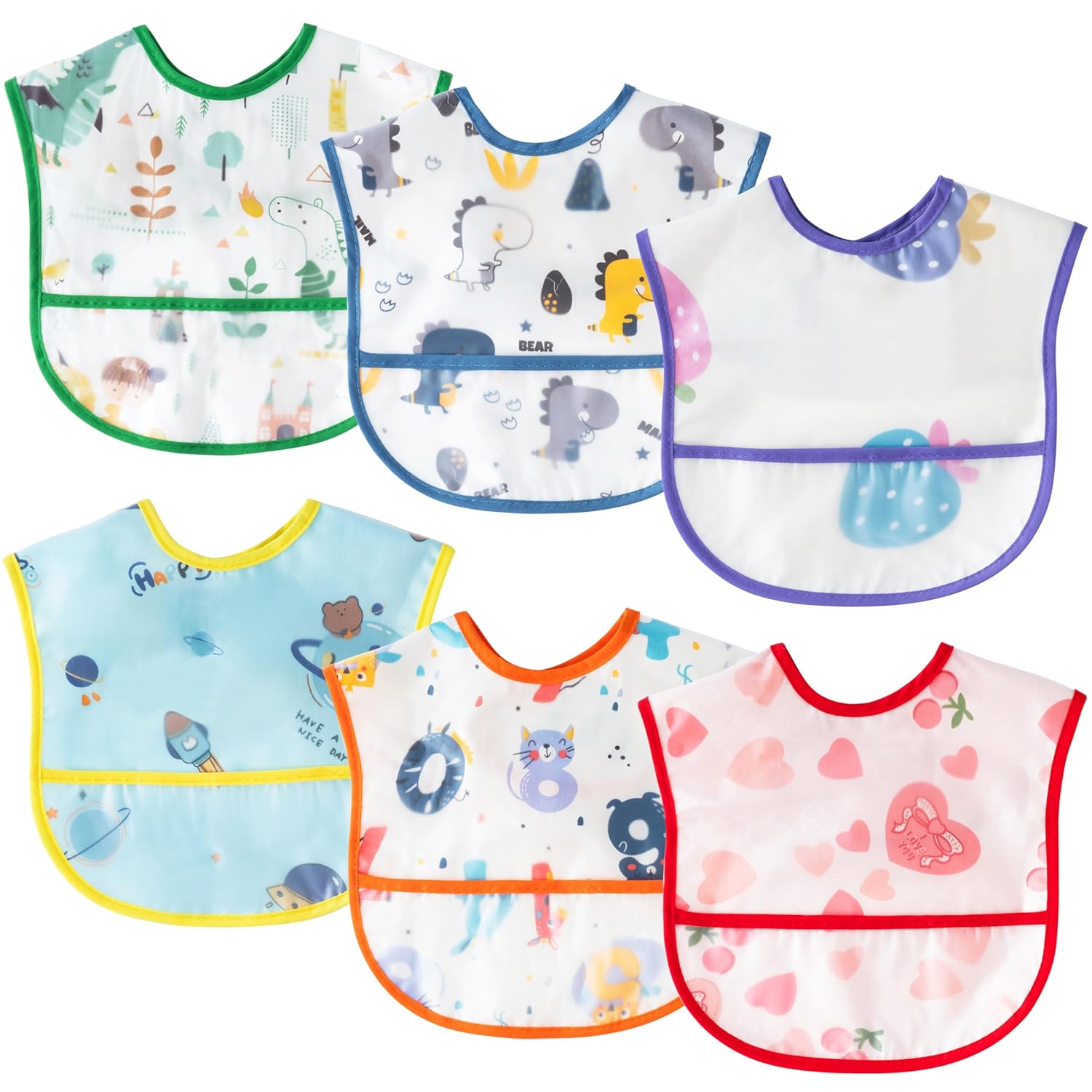 6Pcs Waterproof Toddler Bibs Baby Feeding Bib Set with Crumb Catcher Pocket, Adjustable Infant Baby Teething Bib, Babies Sleeveless Animals Food Bibs Keepsake Gift for Baby Shower, 6-24 Months