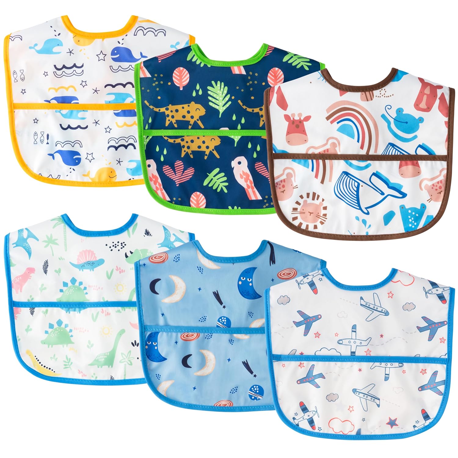 6Pcs Waterproof Toddler Bibs Baby Feeding Bib Set with Crumb Catcher Pocket, Adjustable Infant Baby Teething Bib, Babies Sleeveless Animals Food Bibs Keepsake Gift for Baby Shower, 6-24 Months