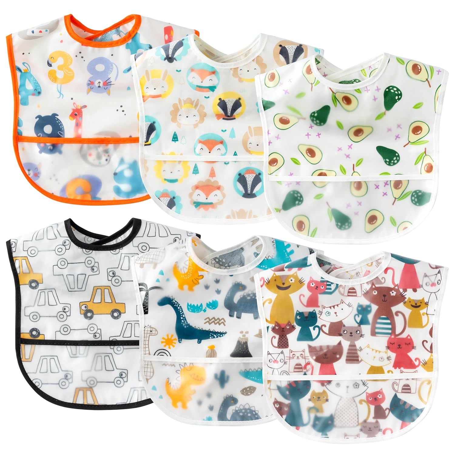 6Pcs Waterproof Toddler Bibs Baby Feeding Bib Set with Crumb Catcher Pocket, Adjustable Infant Baby Teething Bib, Babies Sleeveless Animals Food Bibs Keepsake Gift for Baby Shower, 6-24 Months