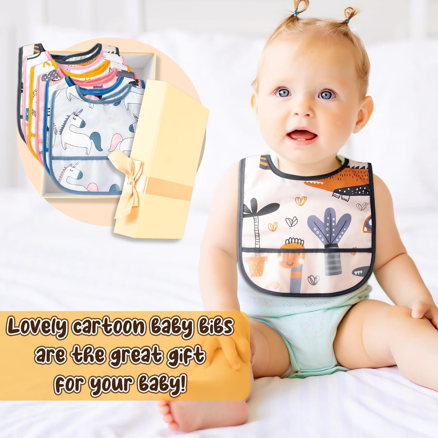 6Pcs Waterproof Toddler Bibs Baby Feeding Bib Set with Crumb Catcher Pocket, Adjustable Infant Baby Teething Bib, Babies Sleeveless Animals Food Bibs Keepsake Gift for Baby Shower, 6-24 Months