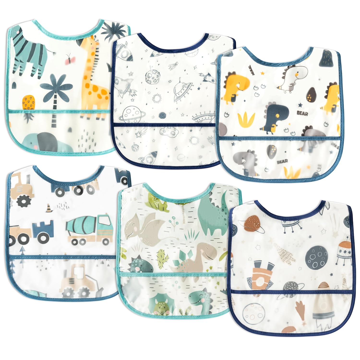 6Pcs Waterproof Toddler Bibs Baby Feeding Bib Set with Crumb Catcher Pocket, Adjustable Infant Baby Teething Bib, Babies Sleeveless Animals Food Bibs Keepsake Gift for Baby Shower, 6-24 Months