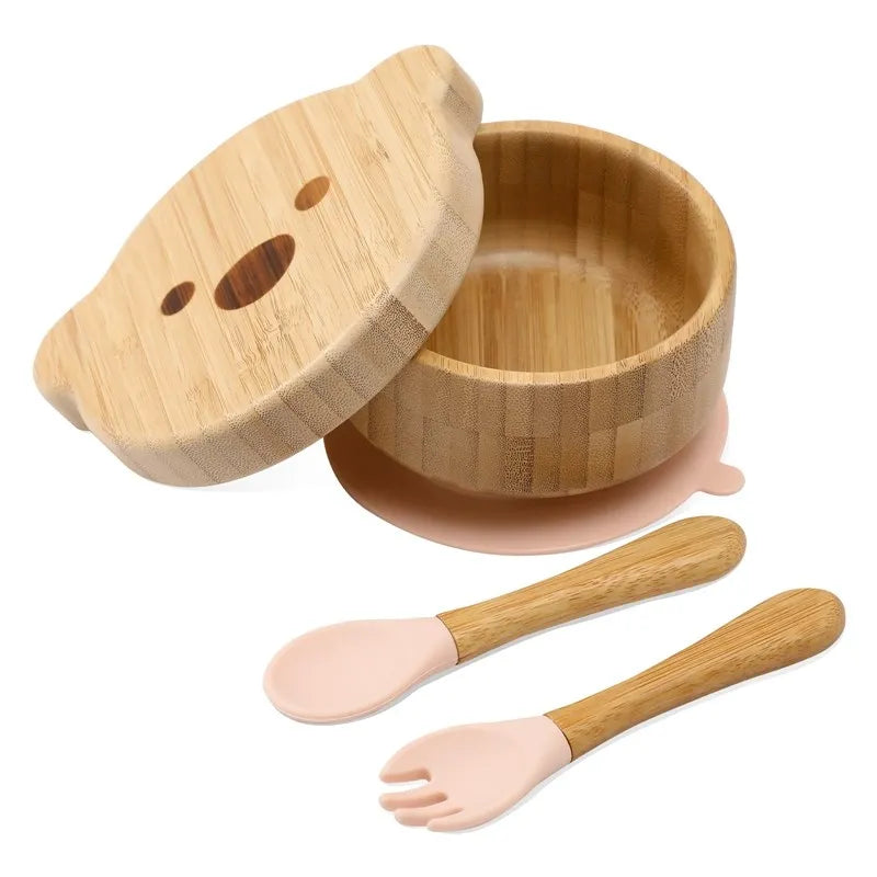 Baby Tableware Set Feeding Bowl Dinner Plate Cup Bibs Spoon Fork Bamboo Wooden Children'S Feeding Dishes Sets BPA Free Non-Slip