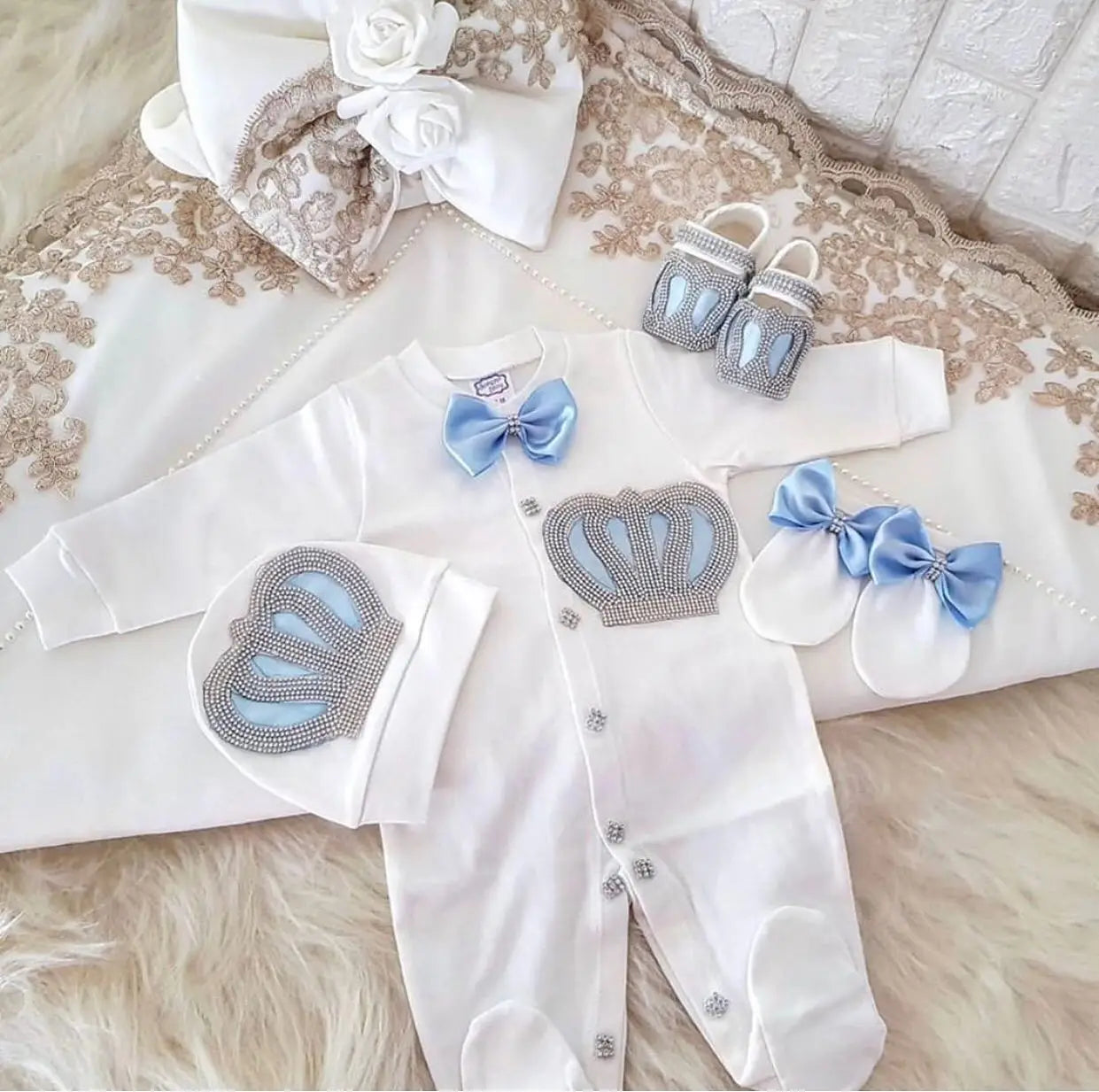 5Pcs Newborn Baby Boy Outfits Kids Clothing Real Cotton Infant0 Products Shirt Pants Mittens Receiving Blanket