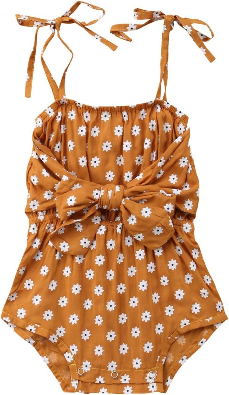 Toddler Baby Girls Sleeveless Romper Jumpsuit off Shoulder Bowknot-Front Floral Print Bodysuit Clothes Outfits