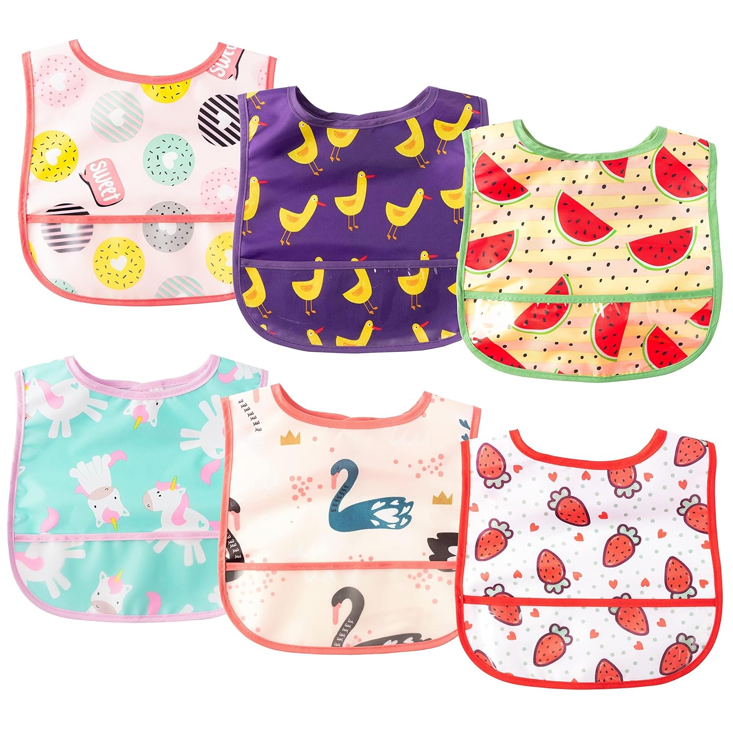 6Pcs Waterproof Toddler Bibs Baby Feeding Bib Set with Crumb Catcher Pocket, Adjustable Infant Baby Teething Bib, Babies Sleeveless Animals Food Bibs Keepsake Gift for Baby Shower, 6-24 Months