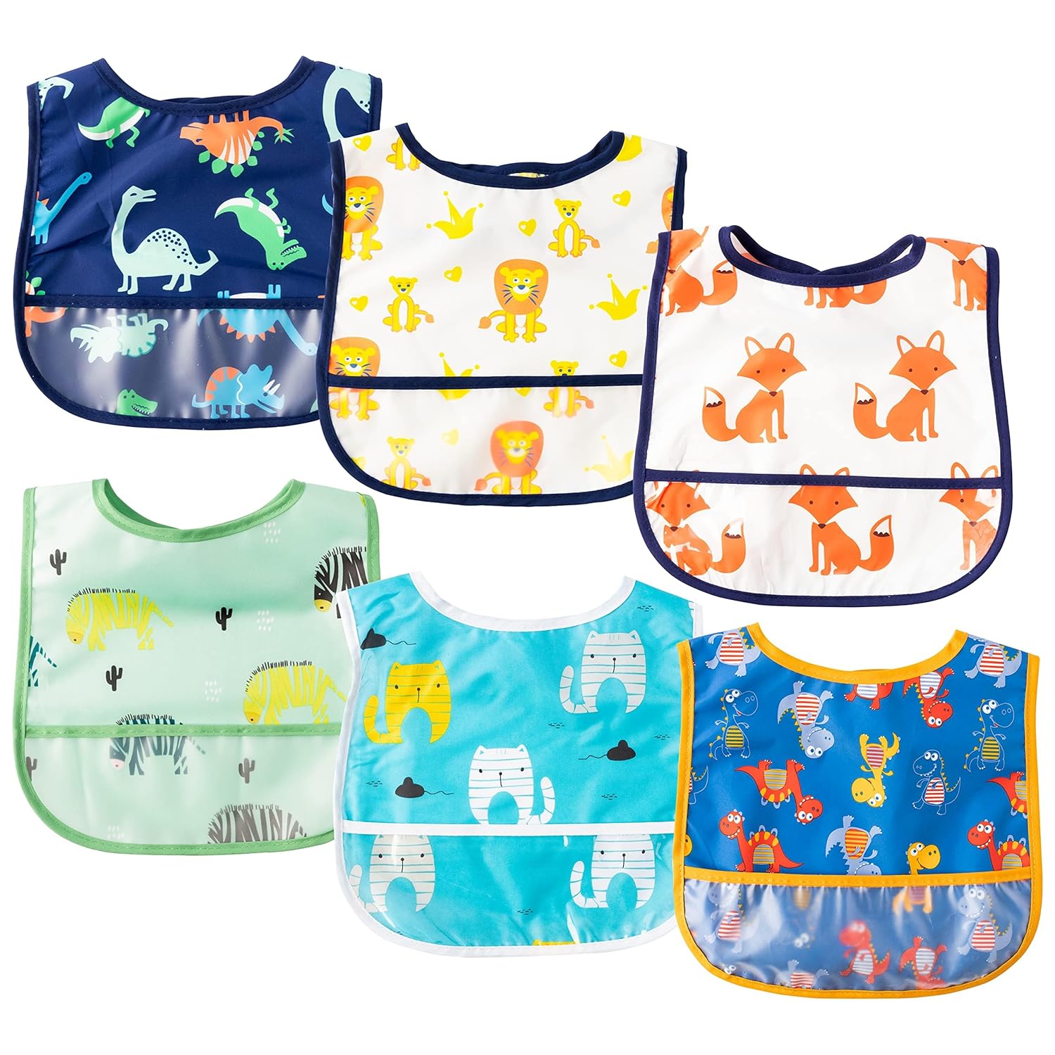 6Pcs Waterproof Toddler Bibs Baby Feeding Bib Set with Crumb Catcher Pocket, Adjustable Infant Baby Teething Bib, Babies Sleeveless Animals Food Bibs Keepsake Gift for Baby Shower, 6-24 Months
