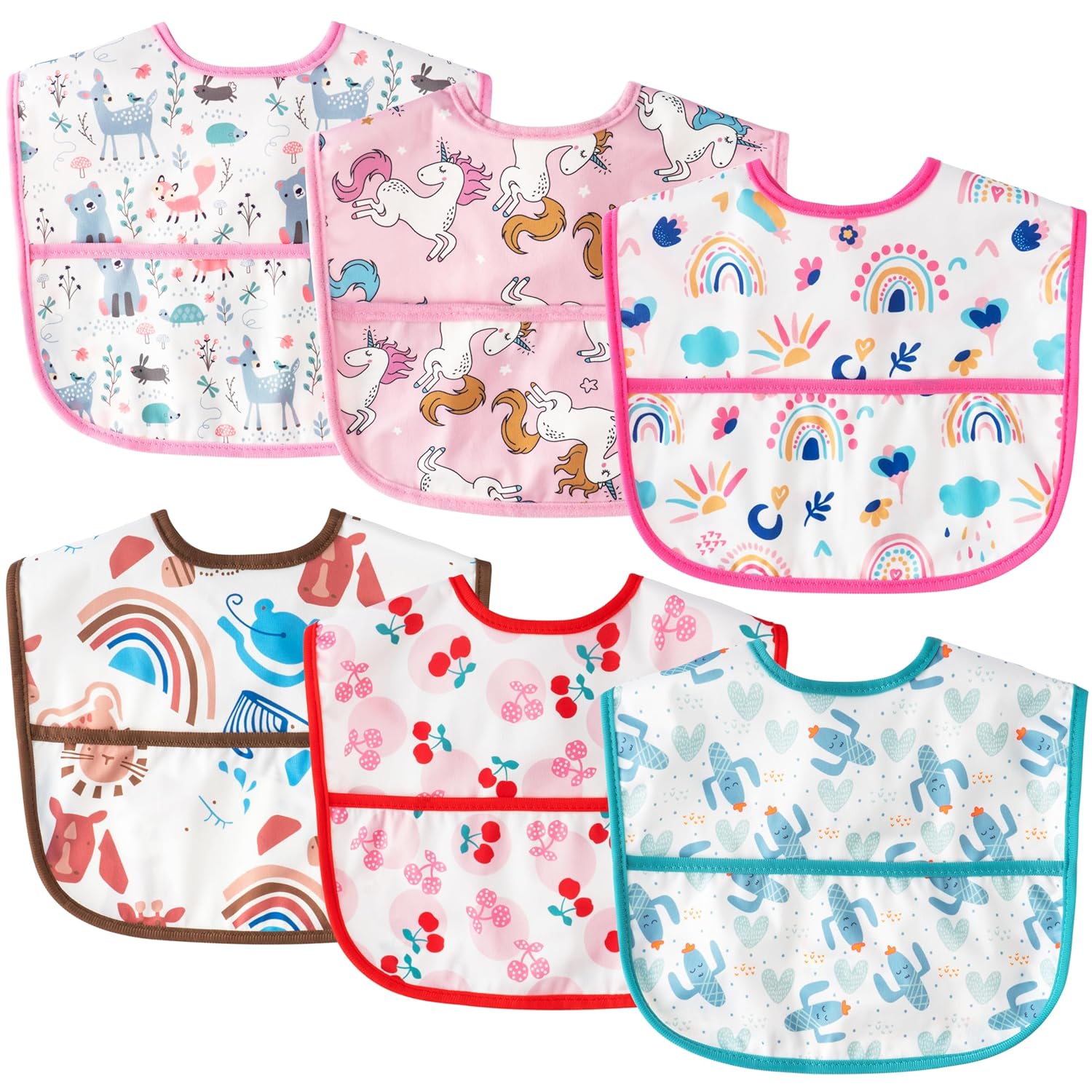 6Pcs Waterproof Toddler Bibs Baby Feeding Bib Set with Crumb Catcher Pocket, Adjustable Infant Baby Teething Bib, Babies Sleeveless Animals Food Bibs Keepsake Gift for Baby Shower, 6-24 Months
