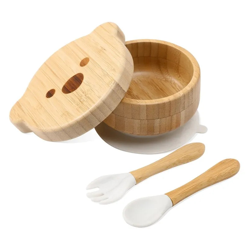 Baby Tableware Set Feeding Bowl Dinner Plate Cup Bibs Spoon Fork Bamboo Wooden Children'S Feeding Dishes Sets BPA Free Non-Slip