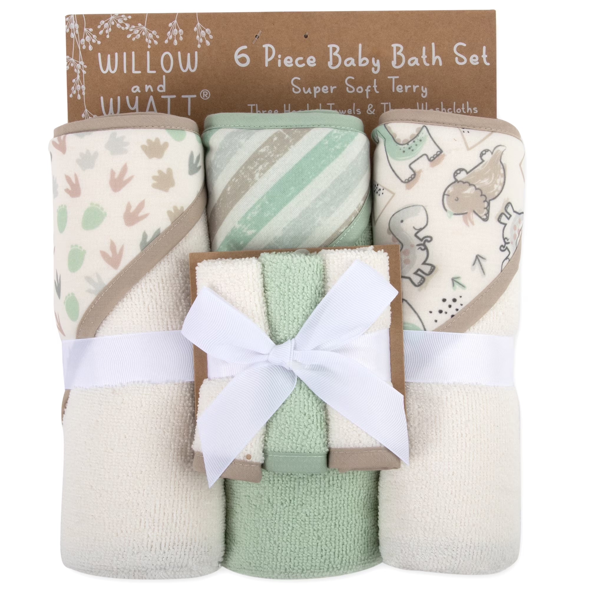 6 Piece Hooded Bath Towel Washcloth Set for Infant, Newborns, Toddlers 3 – 24 Months for Bath Time, Showers, Lounge, Beach, Pool in Dinosaurs & Stripes