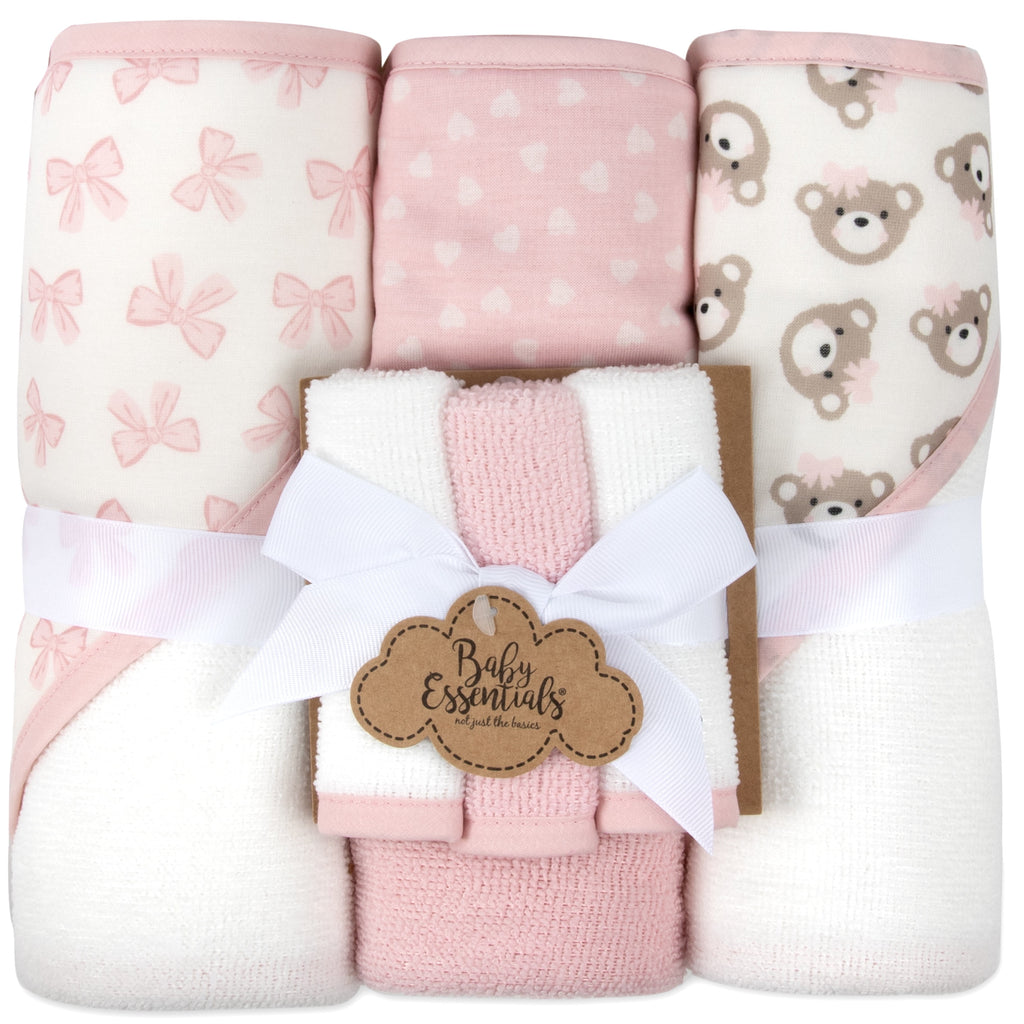 6 Piece Hooded Bath Towel Washcloth Set for Infant, Newborns, Toddlers 3 – 24 Months for Bath Time, Showers, Lounge, Beach, Pool in Pink Bows & Teddy Bears