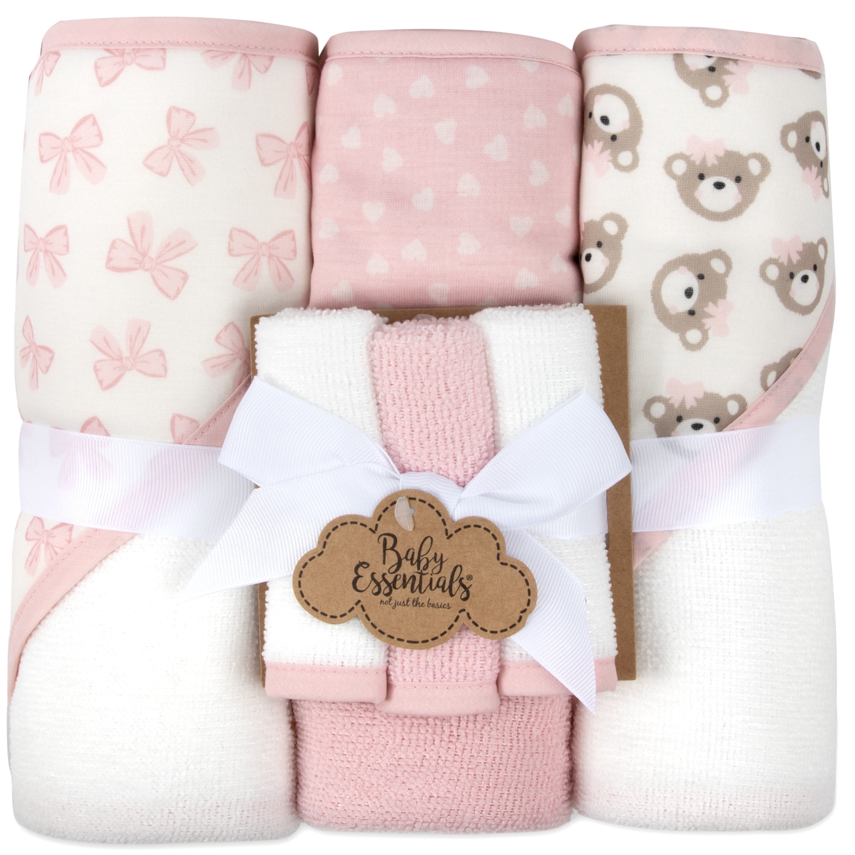 6 Piece Hooded Bath Towel Washcloth Set for Infant, Newborns, Toddlers 3 – 24 Months for Bath Time, Showers, Lounge, Beach, Pool in Pink Bows & Teddy Bears