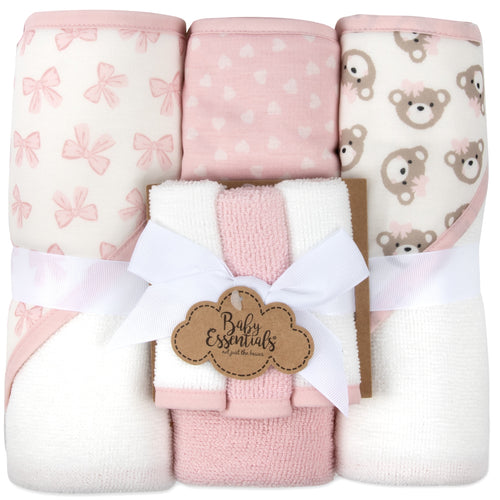 6 Piece Hooded Bath Towel Washcloth Set for Infant, Newborns, Toddlers 3 – 24 Months for Bath Time, Showers, Lounge, Beach, Pool in Pink Bows & Teddy Bears