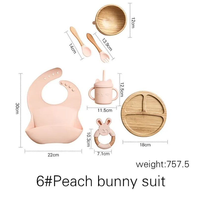 Baby Tableware Set Feeding Bowl Dinner Plate Cup Bibs Spoon Fork Bamboo Wooden Children'S Feeding Dishes Sets BPA Free Non-Slip