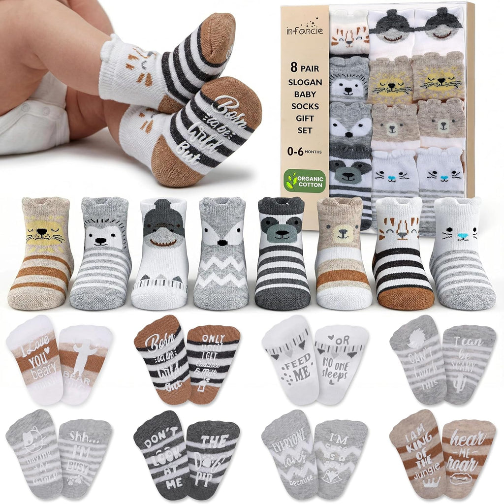 Organic Cotton 8 Pair Baby Socks 0–6 Months - Newborn Socks with Gripper - Safe Walking Non-Slip Sole, Perfect Baby Gift and Registry - Baby Socks for Boys and Girls, Newborn Essentials