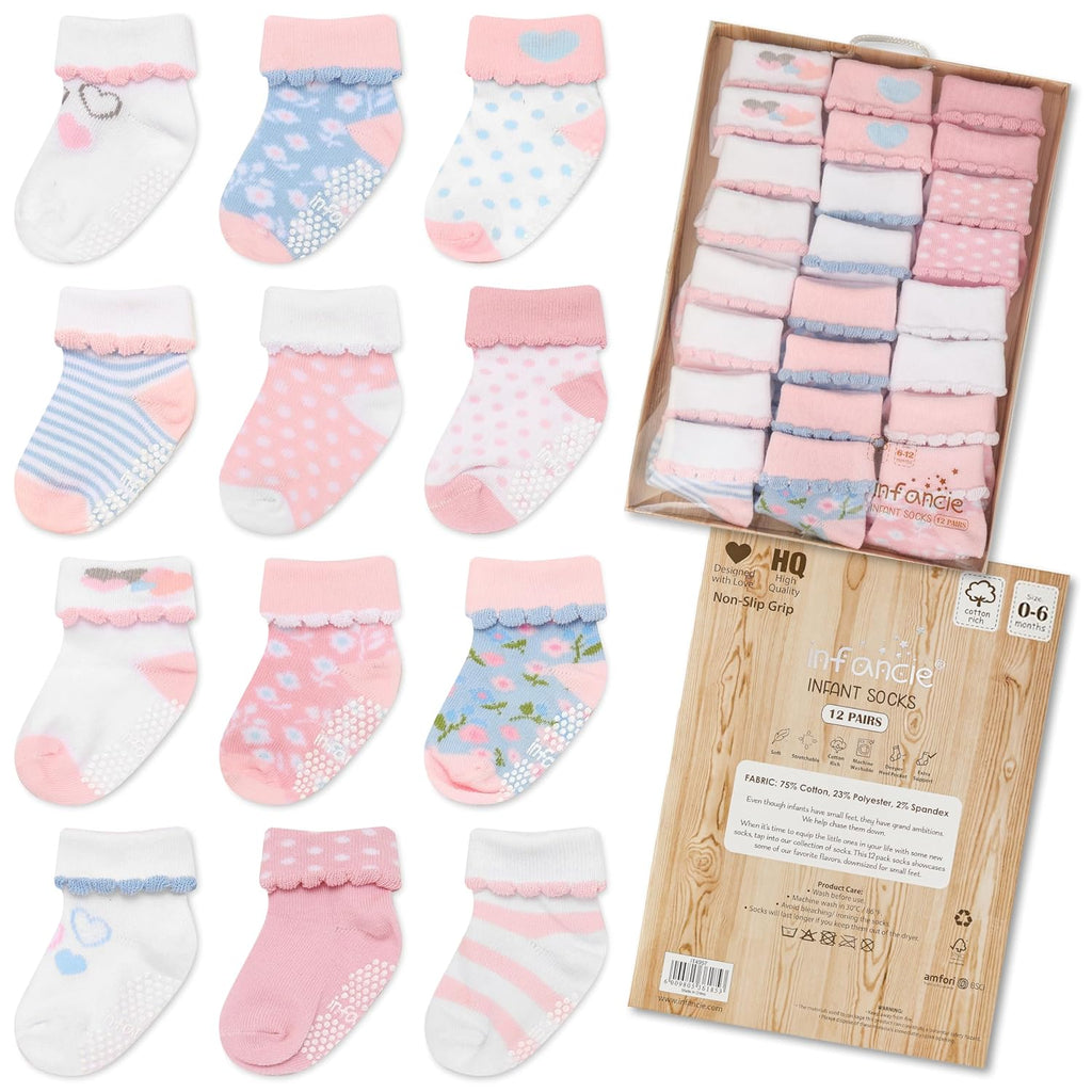Baby Socks Cotton for Girls 12 Pairs – Soft and Comfortable Baby Girl Socks 0-6 Months, Adorable Sock Shoes for Baby Girl, Gift for Newborns
