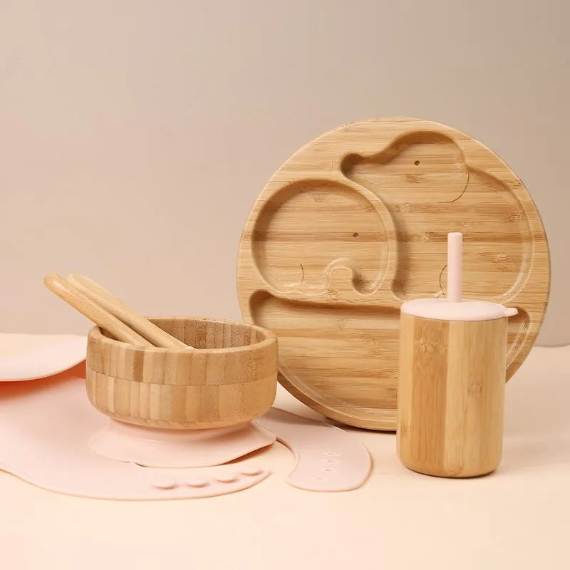 Baby Tableware Set Feeding Bowl Dinner Plate Cup Bibs Spoon Fork Bamboo Wooden Children'S Feeding Dishes Sets BPA Free Non-Slip