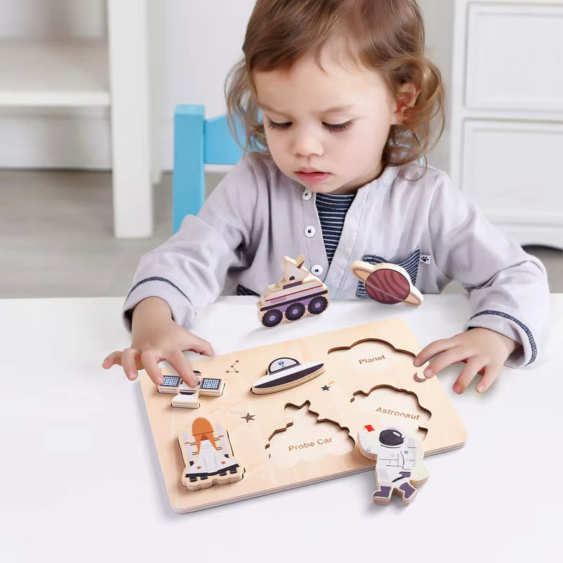 Baby Wooden Jigsaw Puzzle Building Blocks Montessori Educational Toy Cartoon Forest Marine Animal Astronaut Puzzle Gift for Baby
