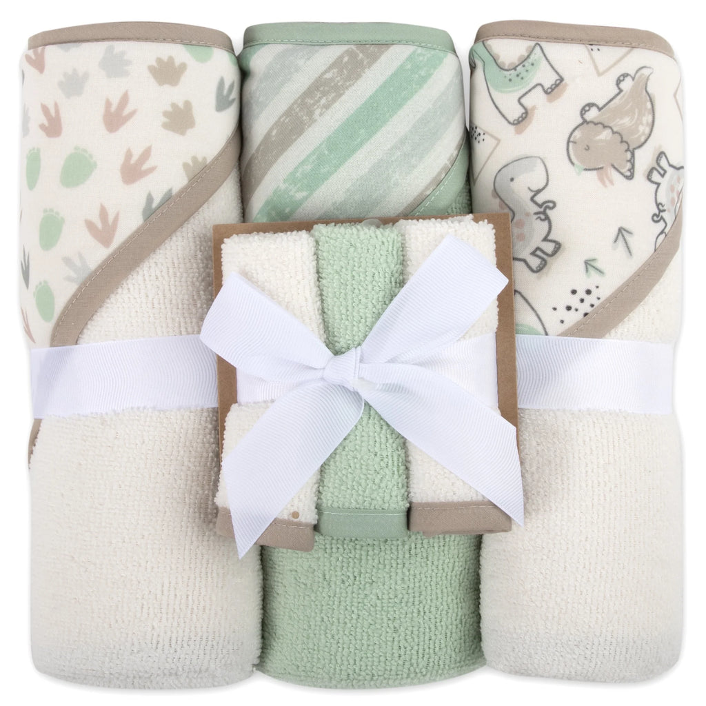 6 Piece Hooded Bath Towel Washcloth Set for Infant, Newborns, Toddlers 3 – 24 Months for Bath Time, Showers, Lounge, Beach, Pool in Dinosaurs & Stripes