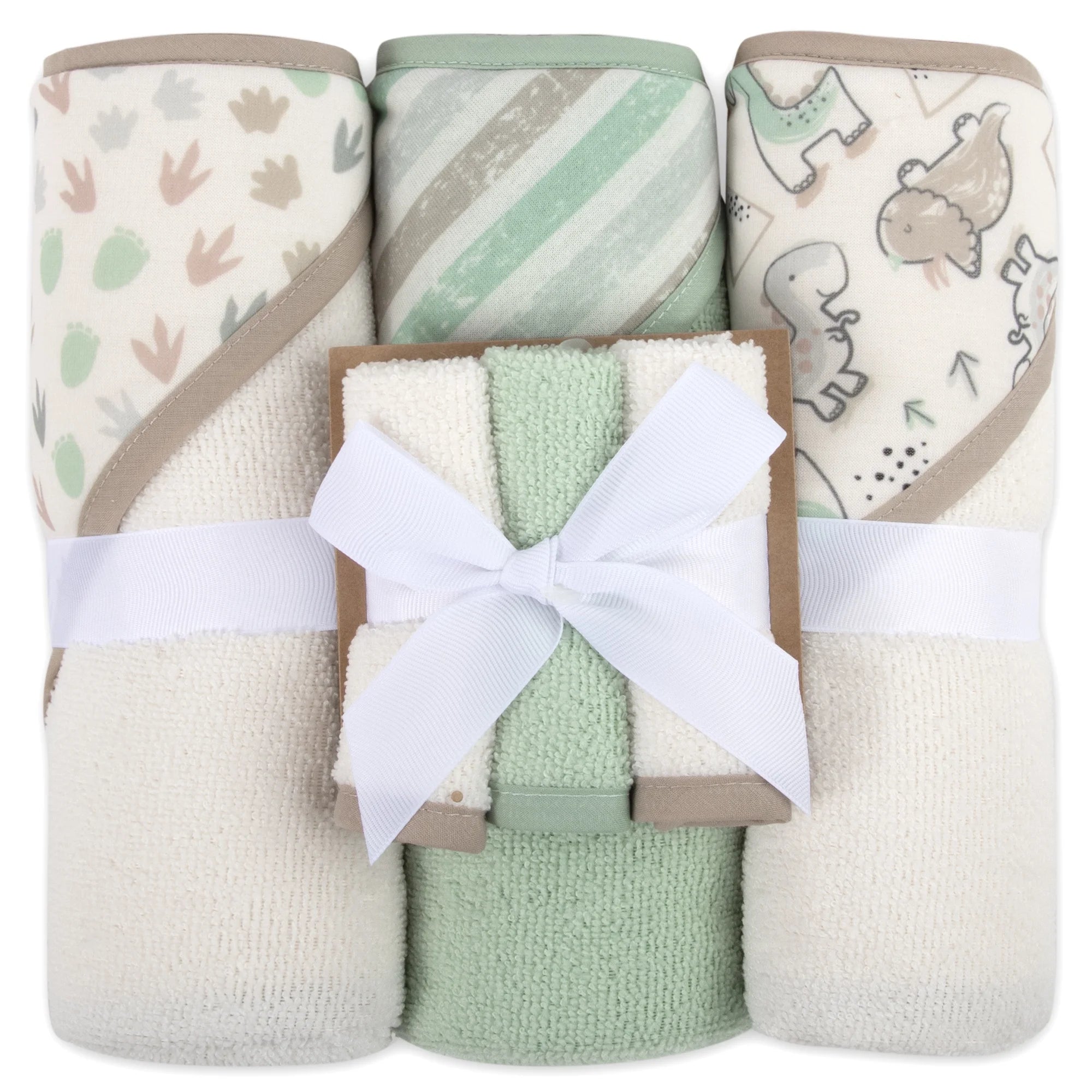 6 Piece Hooded Bath Towel Washcloth Set for Infant, Newborns, Toddlers 3 – 24 Months for Bath Time, Showers, Lounge, Beach, Pool in Dinosaurs & Stripes