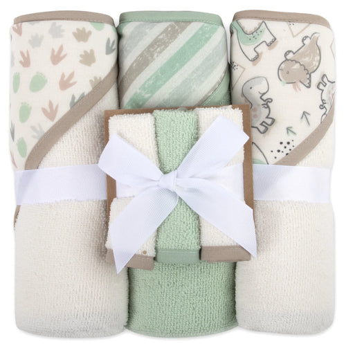 6 Piece Hooded Bath Towel Washcloth Set for Infant, Newborns, Toddlers 3 – 24 Months for Bath Time, Showers, Lounge, Beach, Pool in Dinosaurs & Stripes