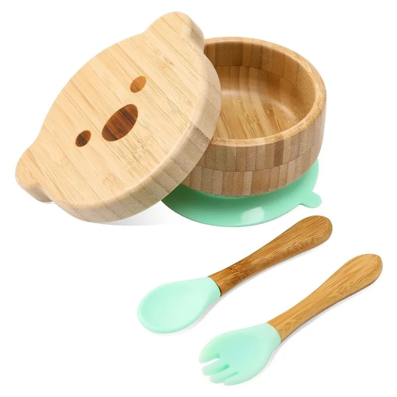 Baby Tableware Set Feeding Bowl Dinner Plate Cup Bibs Spoon Fork Bamboo Wooden Children'S Feeding Dishes Sets BPA Free Non-Slip