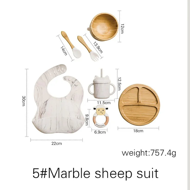 Baby Tableware Set Feeding Bowl Dinner Plate Cup Bibs Spoon Fork Bamboo Wooden Children'S Feeding Dishes Sets BPA Free Non-Slip