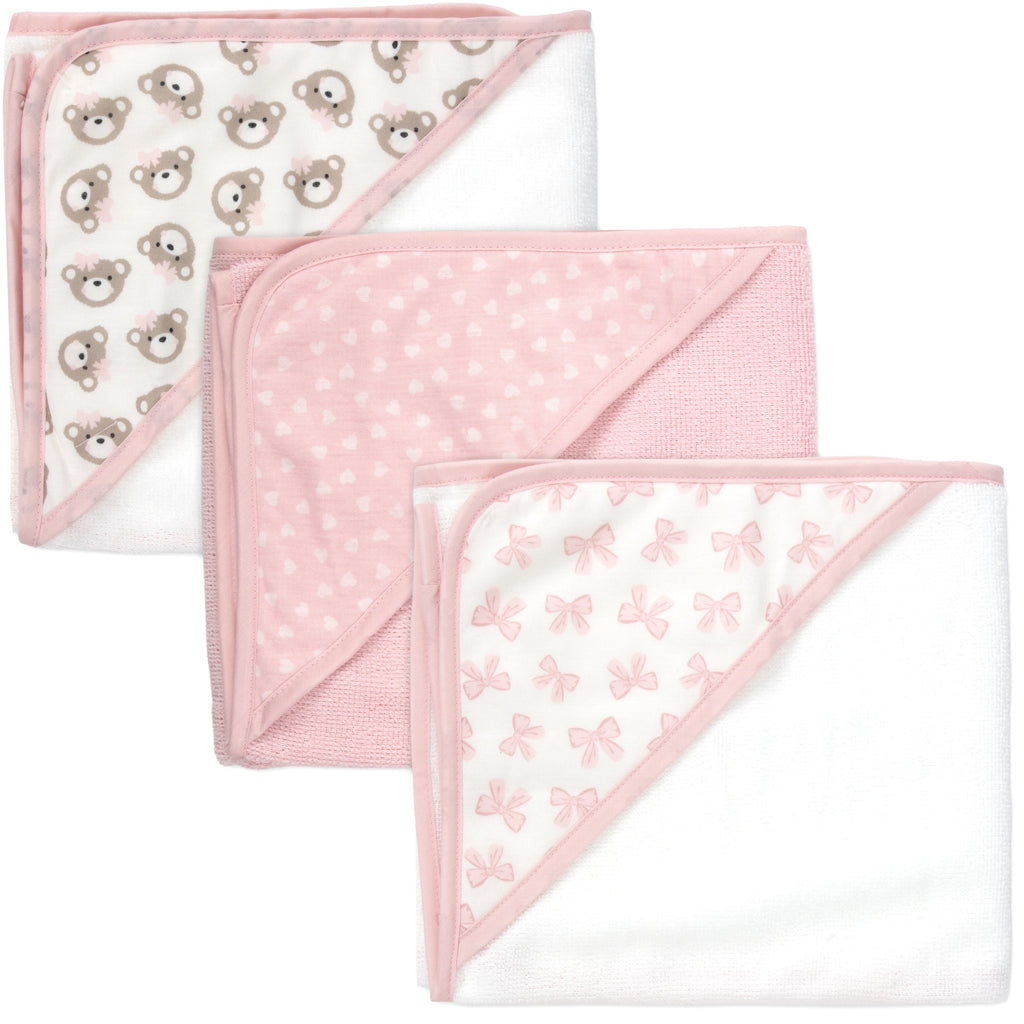 6 Piece Hooded Bath Towel Washcloth Set for Infant, Newborns, Toddlers 3 – 24 Months for Bath Time, Showers, Lounge, Beach, Pool in Pink Bows & Teddy Bears