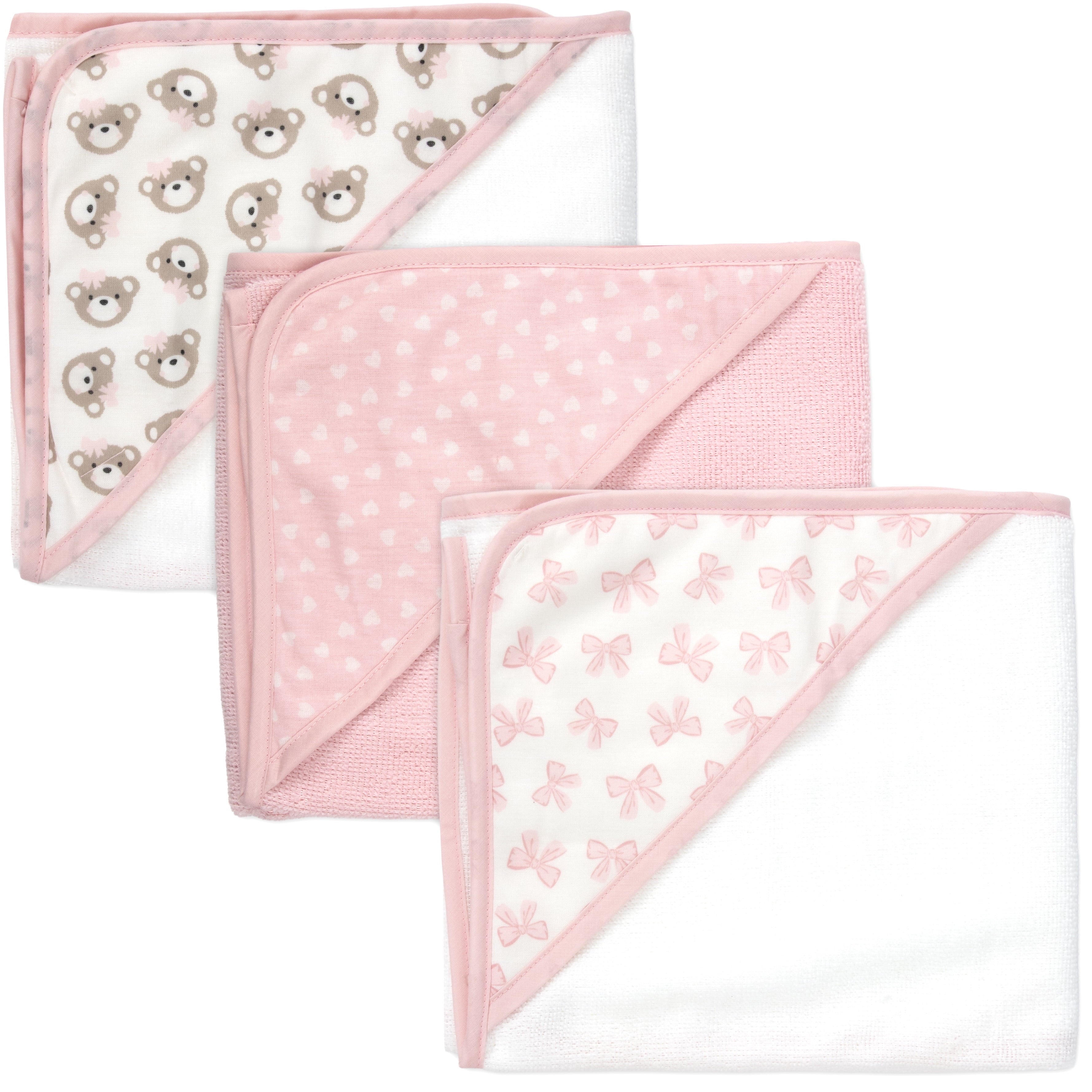 6 Piece Hooded Bath Towel Washcloth Set for Infant, Newborns, Toddlers 3 – 24 Months for Bath Time, Showers, Lounge, Beach, Pool in Pink Bows & Teddy Bears